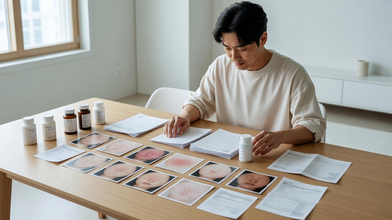 피부과 진료기록을 미리 정리하는 환자 모습